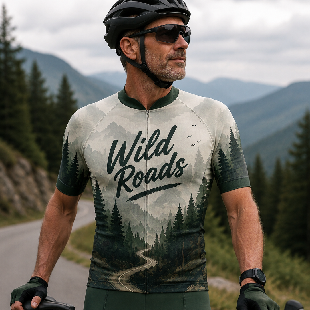 A man wearing a cycling jersey with a forest landscape print and the words 'Wild Roads' stands on a road with mountains in the background, holding a bicycle.